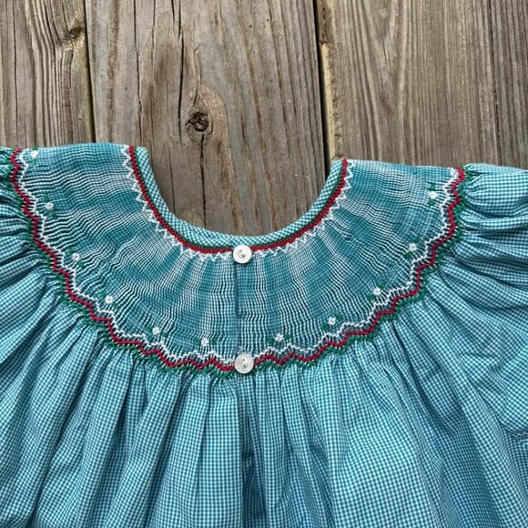 Rosalina Girls Smocked Bishop Dress Teal Gingham Christmas Ornaments Size 4T - Picture 5 of 8